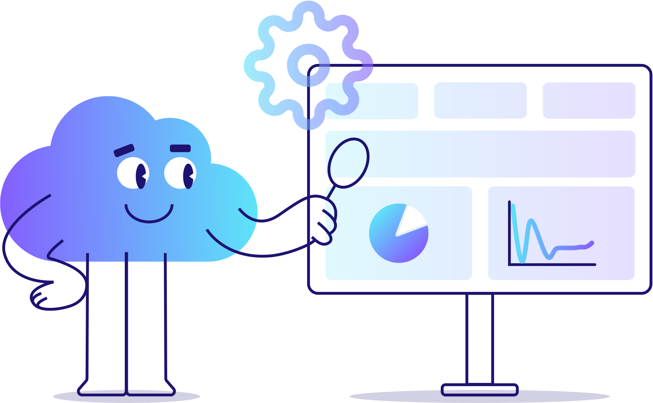 Illustration der Managed Cloud Services mit Dashboard und vielen Diagrammen und freundlicher Cloud Figur
