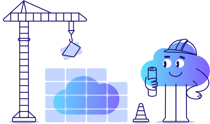 Illustration eines Cloud Setups mit Baukran und freundlicher Cloud Figur